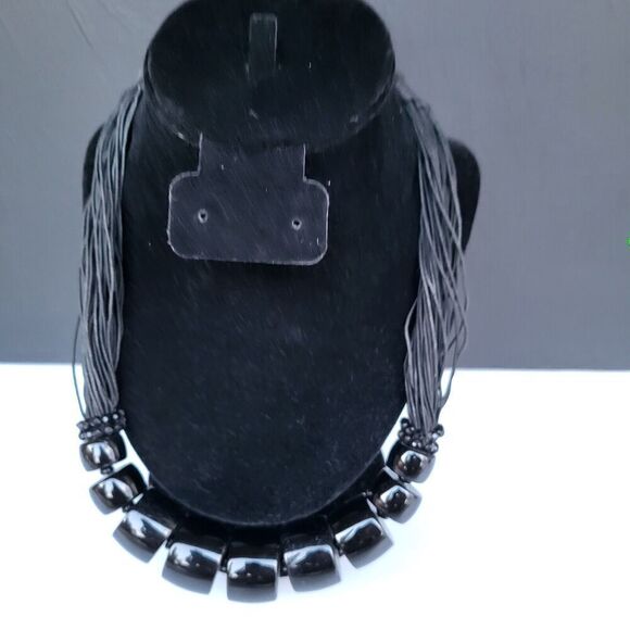 Chunky Black Mutlistrand Beaded Statement Necklace 23" - Picture 1 of 3